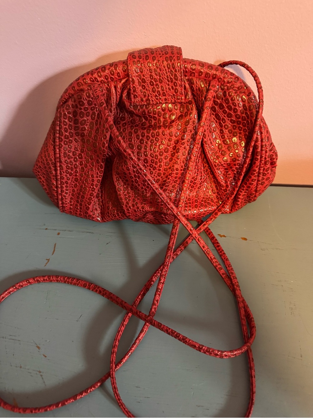 Red Textured Mini Drawstring Shoulder Bag - Picture 3 of 5